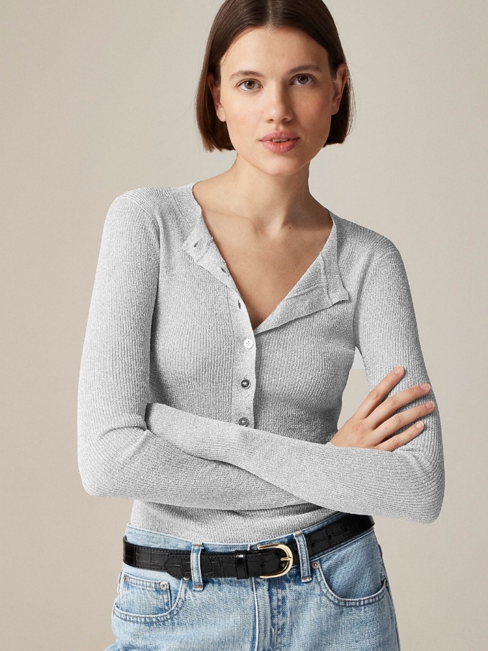 New JCREW Size S Ribbed Henley Sweater Lurex Metallic Threads Silver $89 CG808